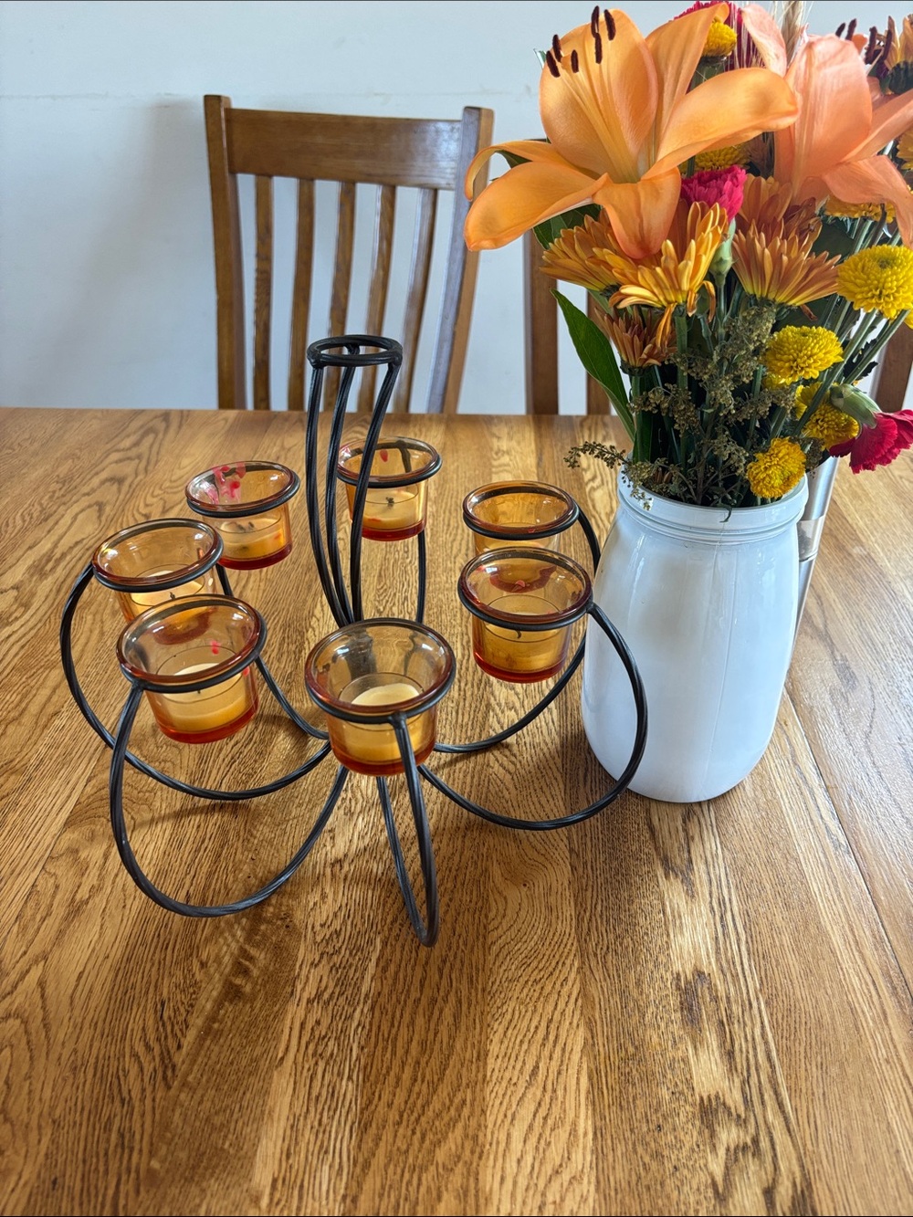 Amber Glass Tea Light Holder with Black Iron Stand - Home Accents